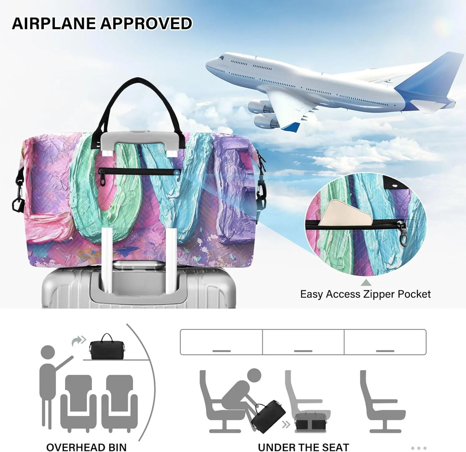 LOVE Word Valentines Pastel Colorful Duffle Travel Bag Makeup Bag Set of 2, Animal Floral Women Gym Bag Small Weekender Travel Bag