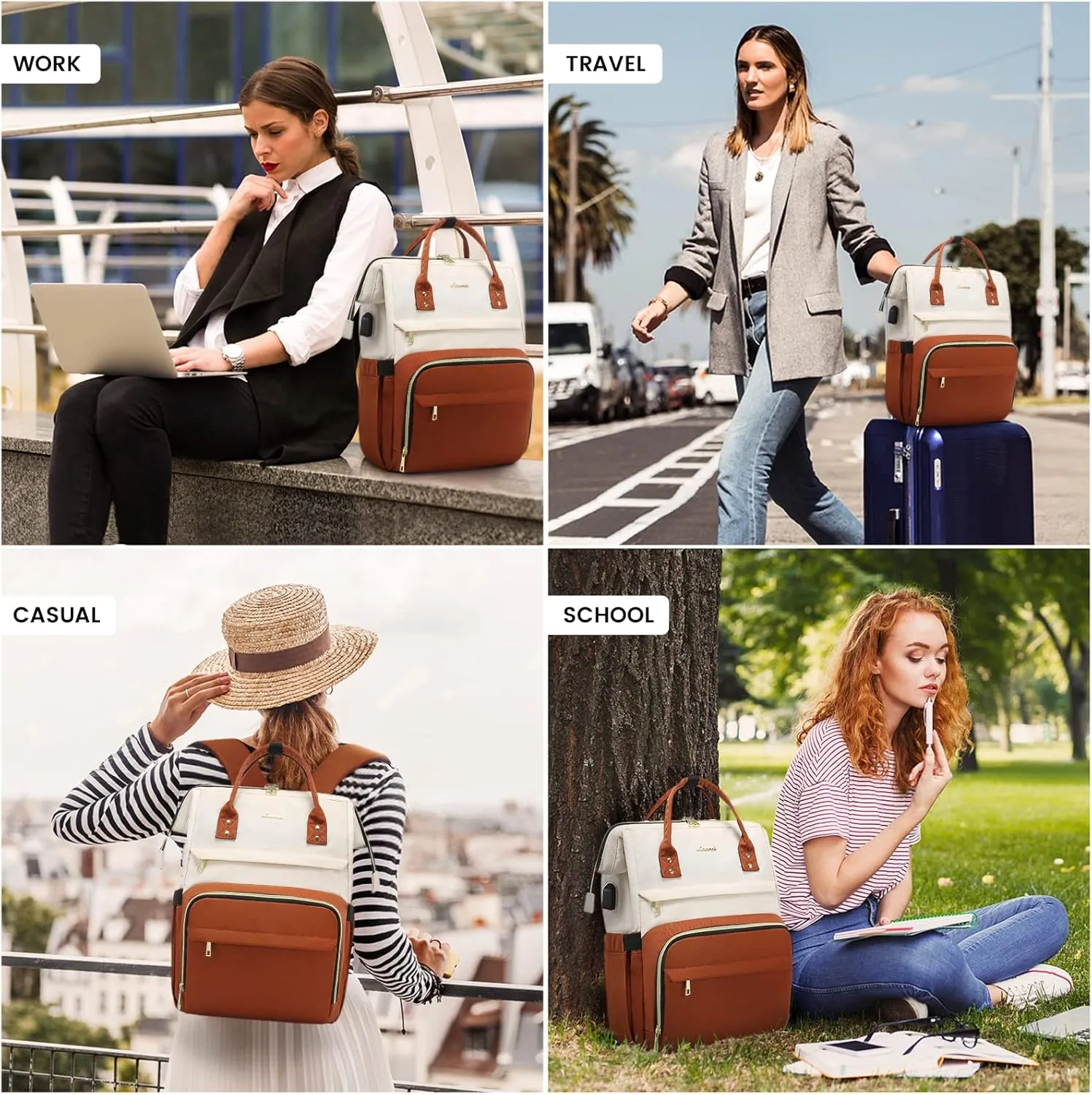 LOVEVOOK Laptop Backpack Purse for Women, 17 Inch Computer Business Stylish Backpacks, Doctor Nurse Bags for Work, Casual Daypack Backpack with USB Port, White-Brown