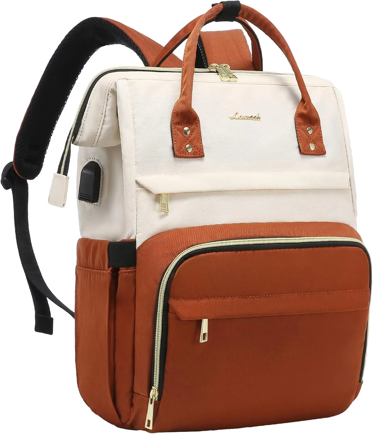 LOVEVOOK Laptop Backpack Purse for Women, 17 Inch Computer Business Stylish Backpacks, Doctor Nurse Bags for Work, Casual Daypack Backpack with USB Port, White-Brown