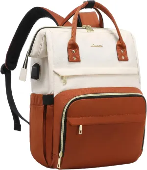 LOVEVOOK Laptop Backpack Purse for Women, 17 Inch Computer Business Stylish Backpacks, Doctor Nurse Bags for Work, Casual Daypack Backpack with USB Port, White-Brown