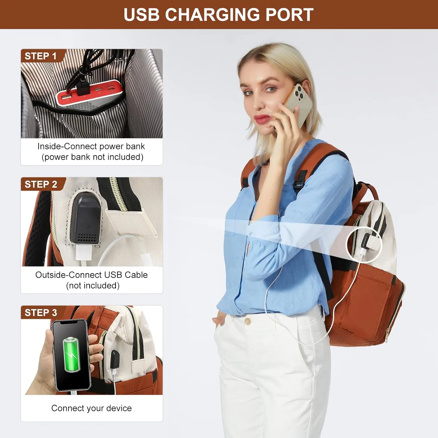 LOVEVOOK Laptop Backpack Purse for Women, 17 Inch Computer Business Stylish Backpacks, Doctor Nurse Bags for Work, Casual Daypack Backpack with USB Port, White-Brown