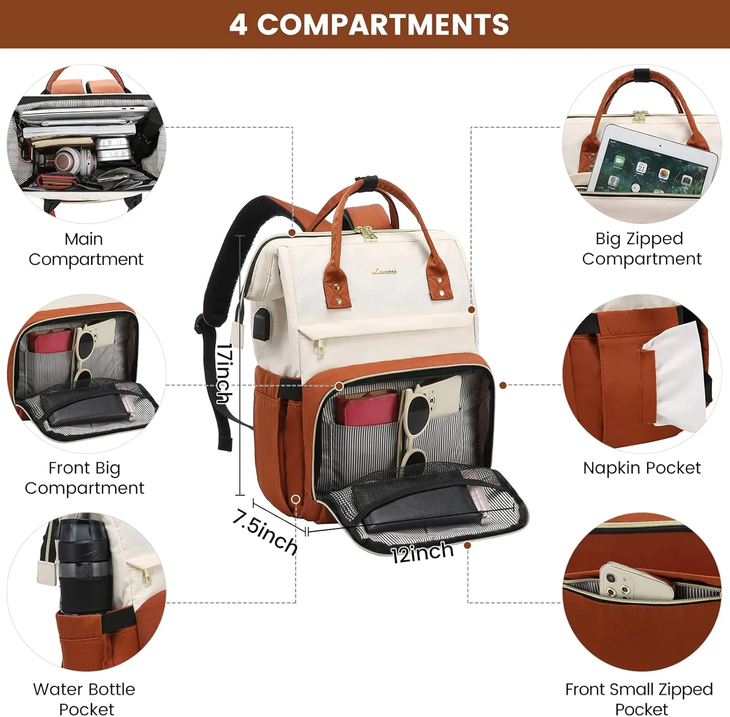 LOVEVOOK Laptop Backpack Purse for Women, 17 Inch Computer Business Stylish Backpacks, Doctor Nurse Bags for Work, Casual Daypack Backpack with USB Port, White-Brown