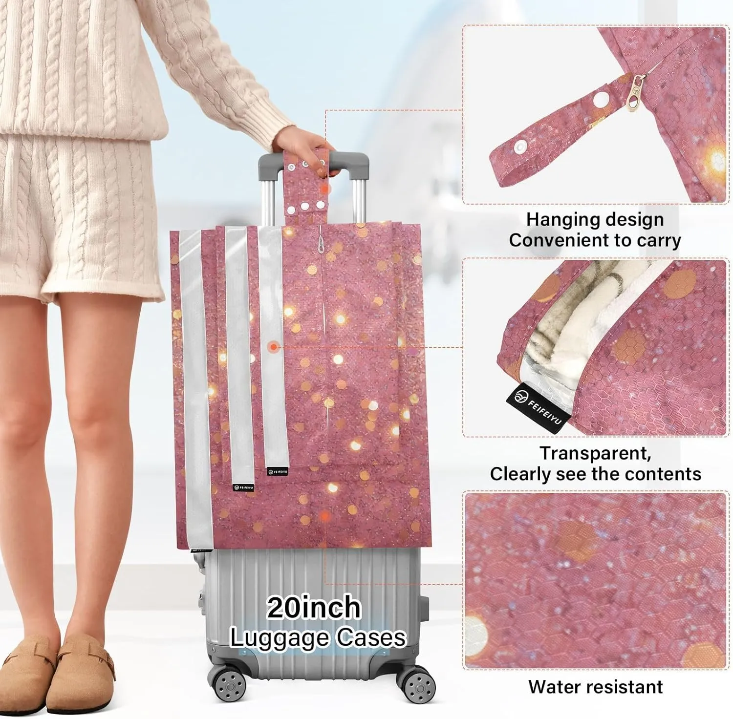 Luggage Space Saver, Luggages Management Personnel, Bright Shiny Dreamy Pink Purple Gold, With Zipper, 3 Set Travel Packing Cubes For Suitcases, Garment Bag Closet Storage