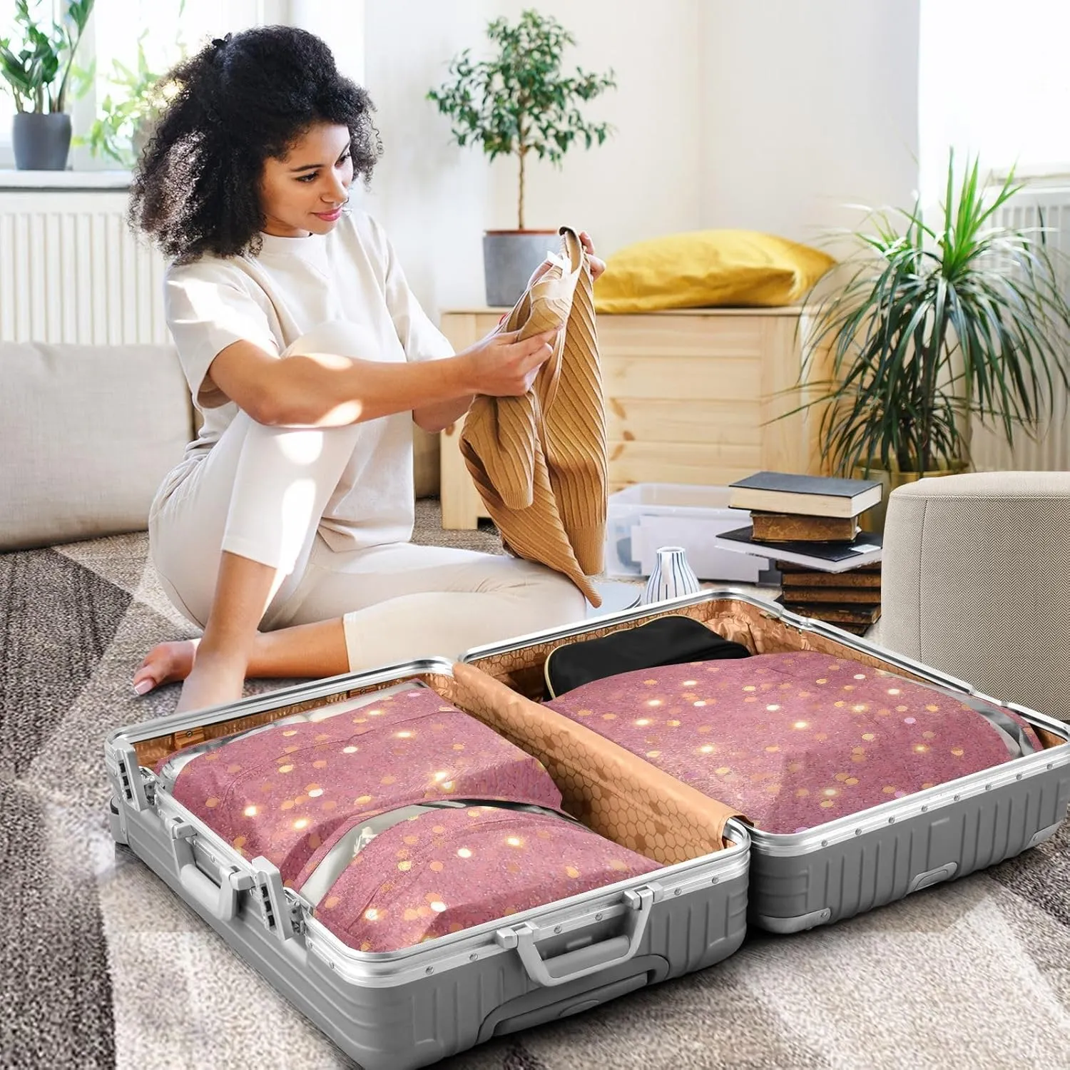 Luggage Space Saver, Luggages Management Personnel, Bright Shiny Dreamy Pink Purple Gold, With Zipper, 3 Set Travel Packing Cubes For Suitcases, Garment Bag Closet Storage