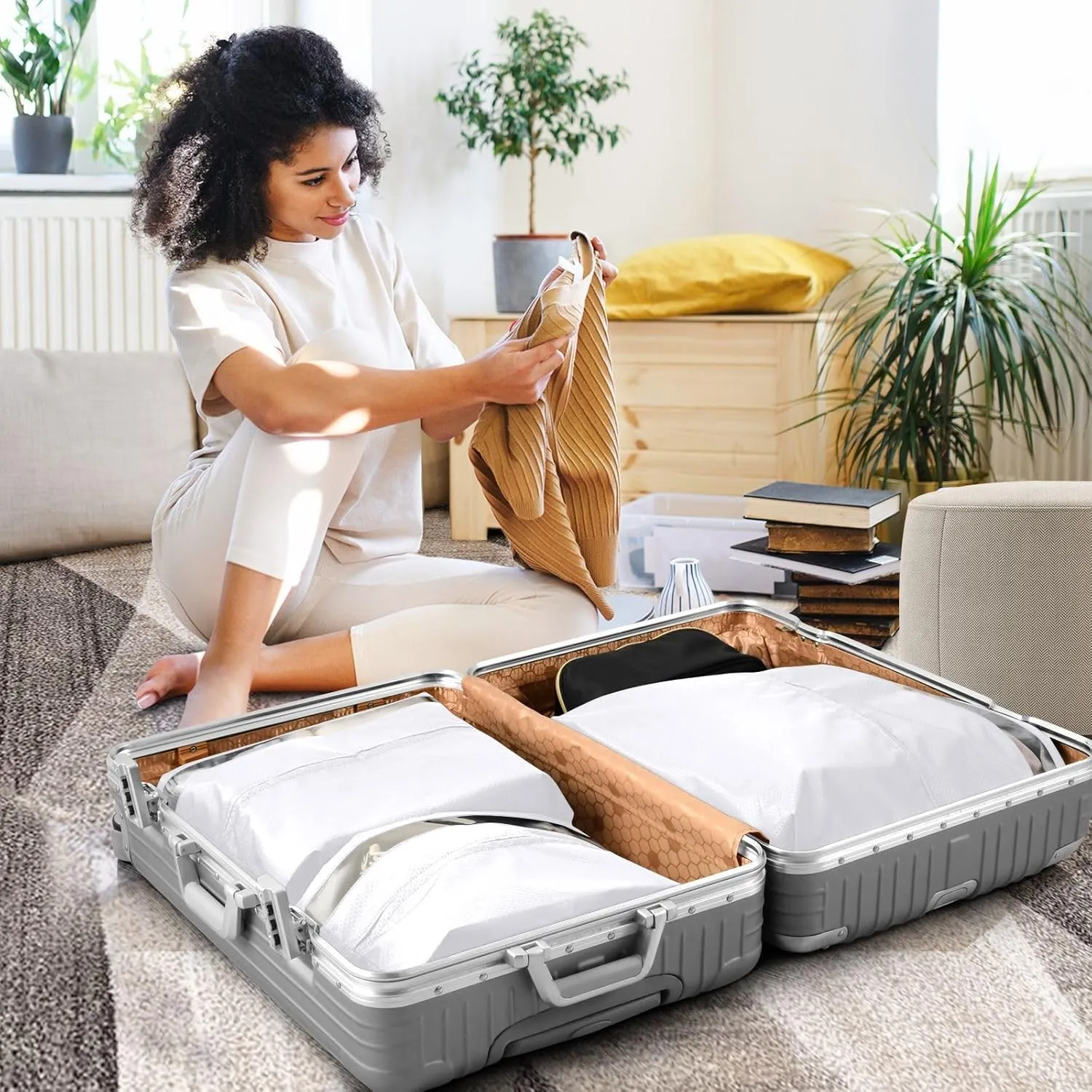 Luggage Space Saver, Luggages Management Personnel, White, With Zipper, 3 Set Travel Packing Cubes For Suitcases, Garment Bag Closet Storage