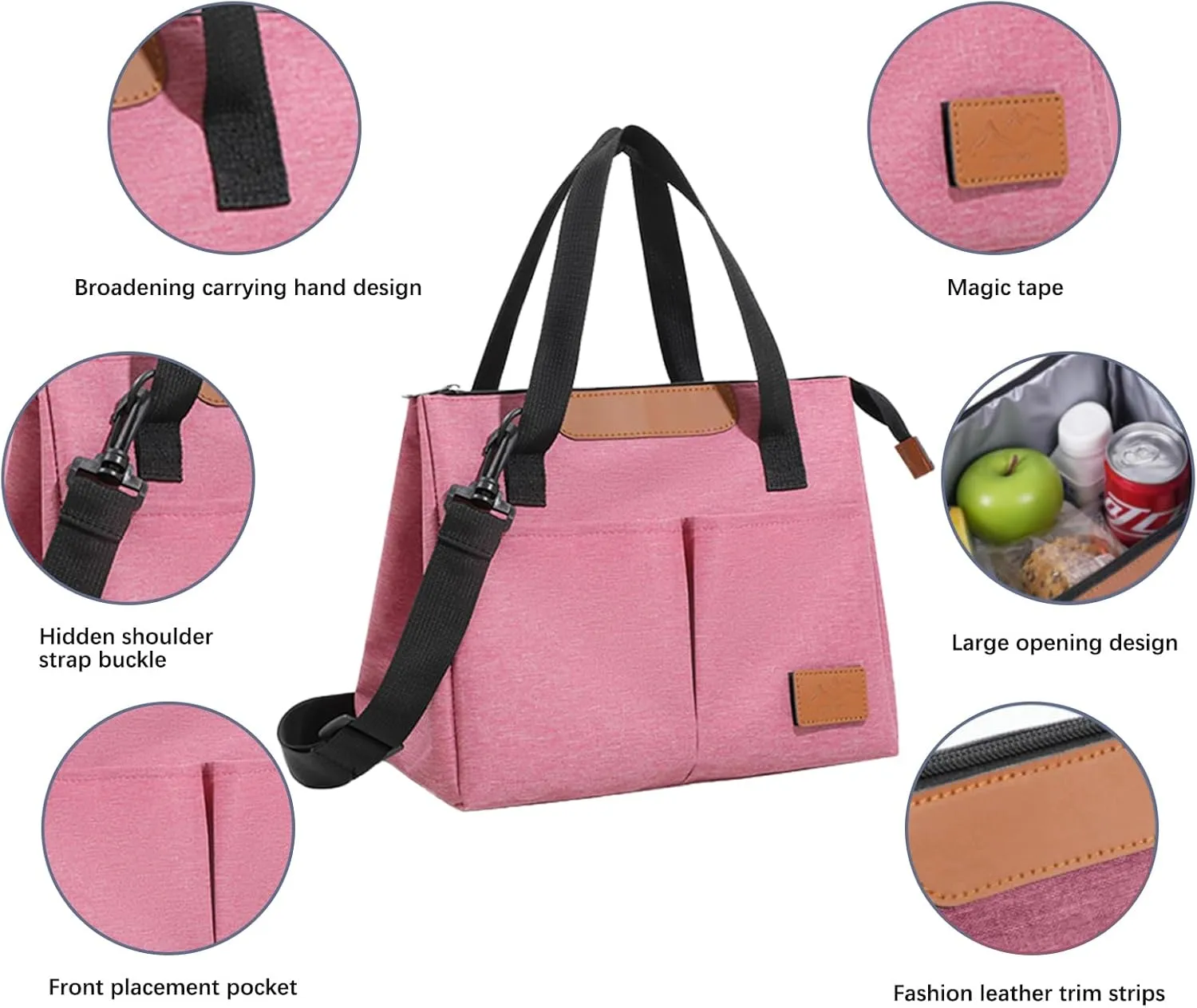 Lunch Bag Women Insulated Lunch Box Reusable Leakproof Large Spacious Cooler Tote for Women Men Adult with Removable Adhesive Decoration for Work Office Travel Picnic(RoseRed)