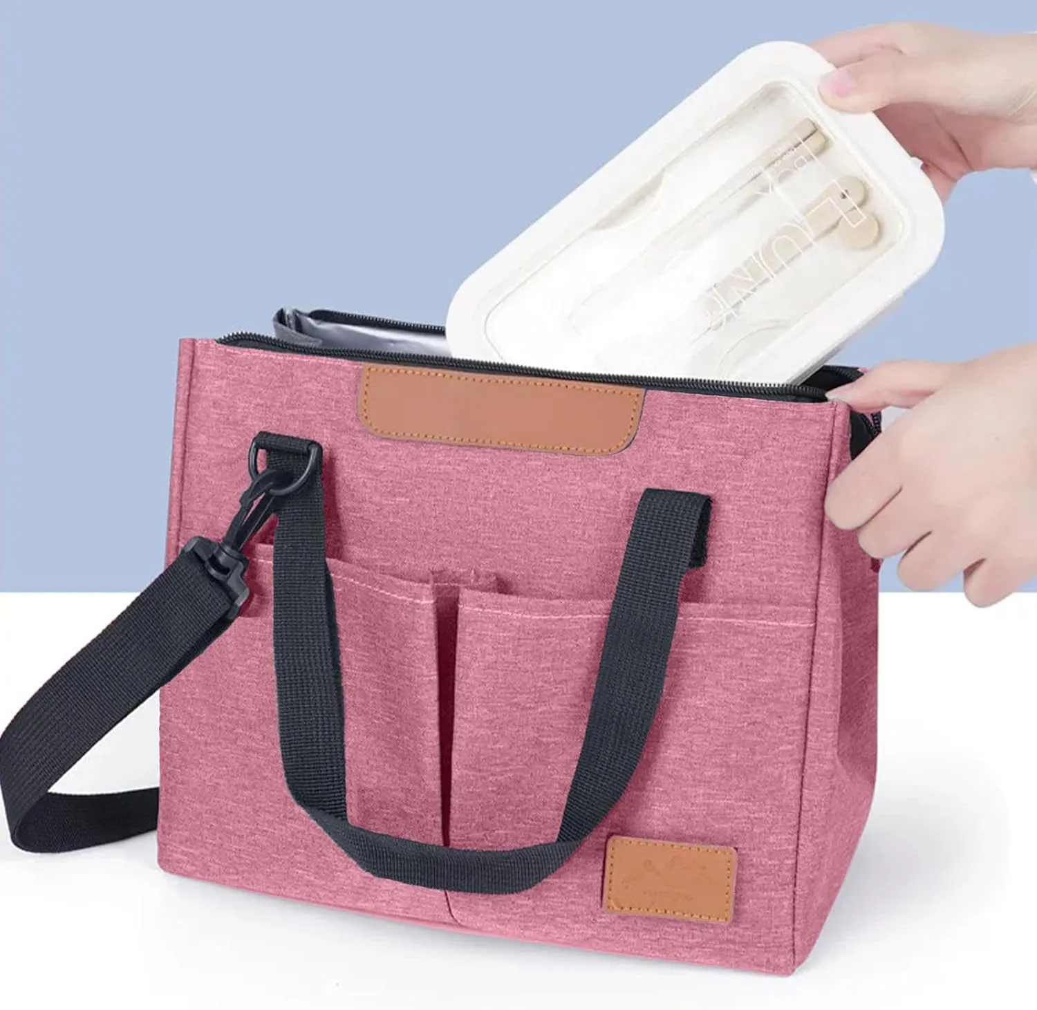 Lunch Bag Women Insulated Lunch Box Reusable Leakproof Large Spacious Cooler Tote for Women Men Adult with Removable Adhesive Decoration for Work Office Travel Picnic(RoseRed)