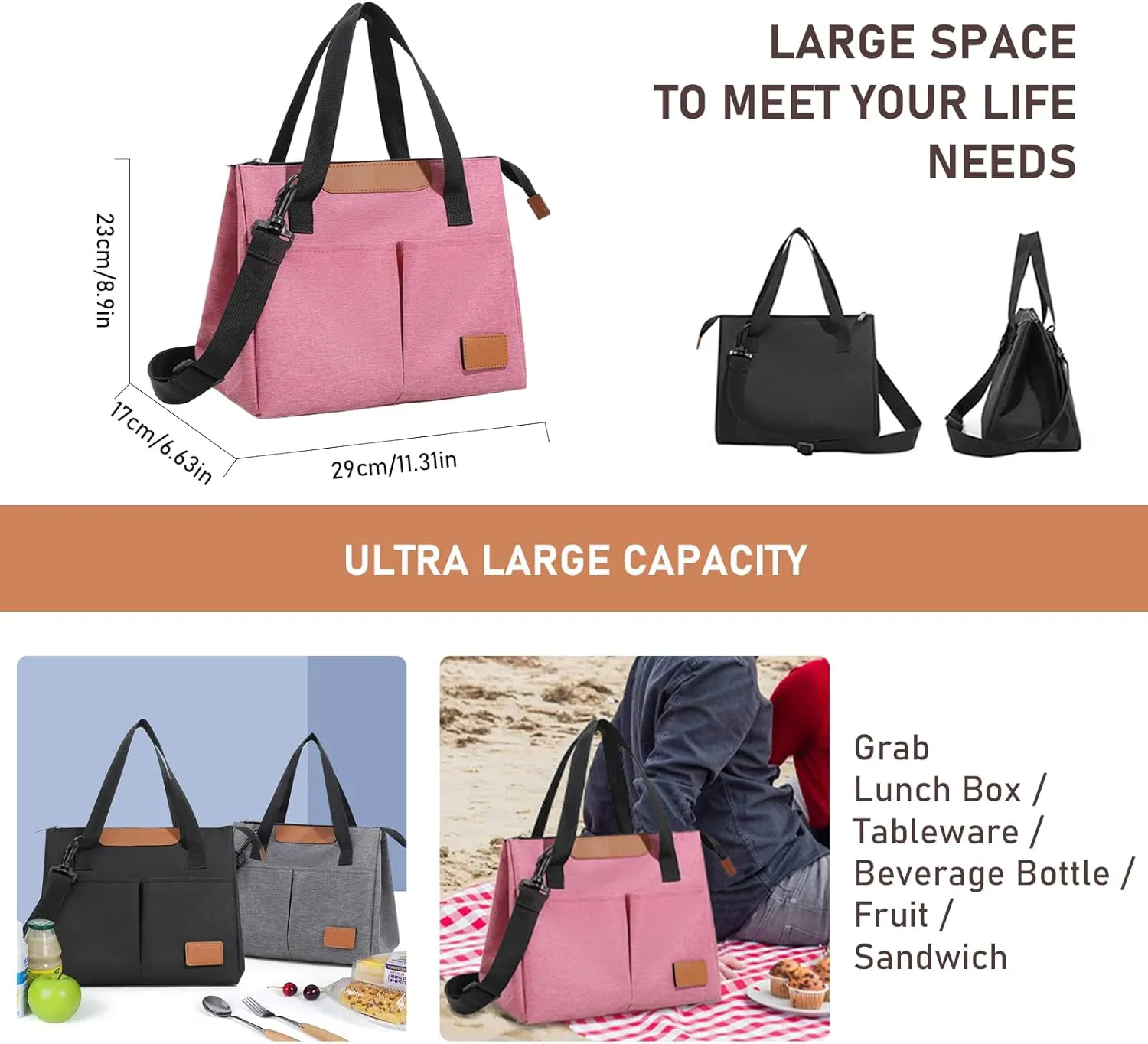 Lunch Bag Women Insulated Lunch Box Reusable Leakproof Large Spacious Cooler Tote for Women Men Adult with Removable Adhesive Decoration for Work Office Travel Picnic(RoseRed)