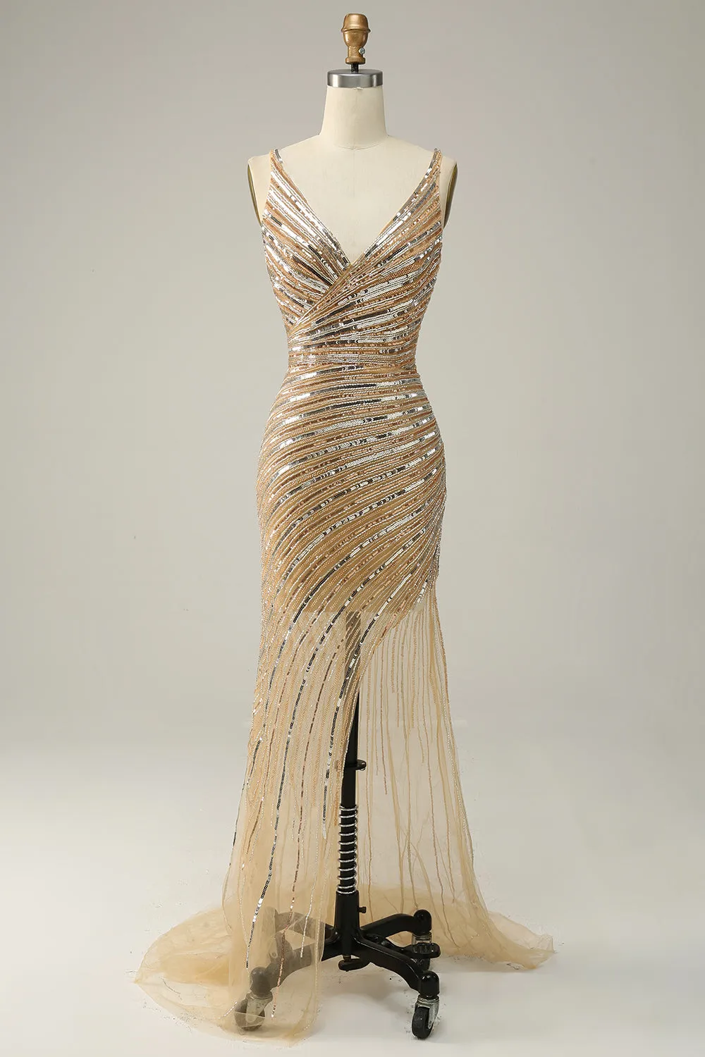 Luolandi Golden Sheath V Neck Sequins Long Prom Dress with Open Back Sparkly Evening Dresses