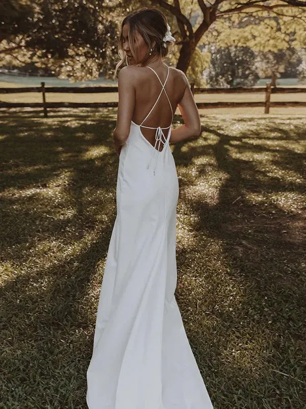 Luolandi Sheath/Column Stretch Crepe Ruffles V-neck Sleeveless Sweep/Brush Train Wedding Dresses With Slit