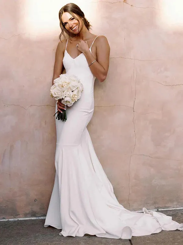 Luolandi Sheath/Column Stretch Crepe V-neck Sleeveless Court Train Wedding Dresses Solid Color