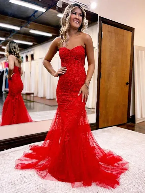 Luolandi Sheath/Column Tulle Applique Sweetheart Sleeveless Court Train Dresses Prom Dress