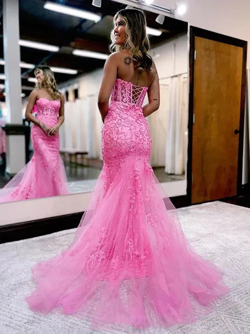 Luolandi Sheath/Column Tulle Applique Sweetheart Sleeveless Court Train Dresses Prom Dress