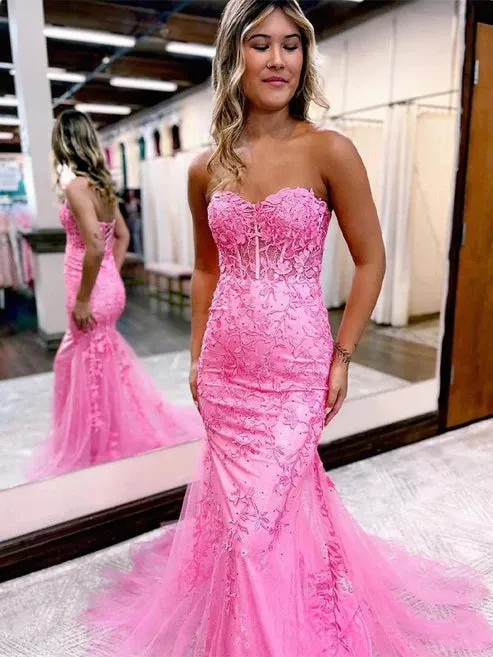 Luolandi Sheath/Column Tulle Applique Sweetheart Sleeveless Court Train Dresses Prom Dress