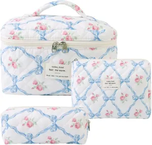 Makeup Bag, 3 PCS Quilted Makeup Bag, Cute Floral Cotton Cosmetic Bag set, Coquette Makeup Pouch Large Travel Toiletry Bag
