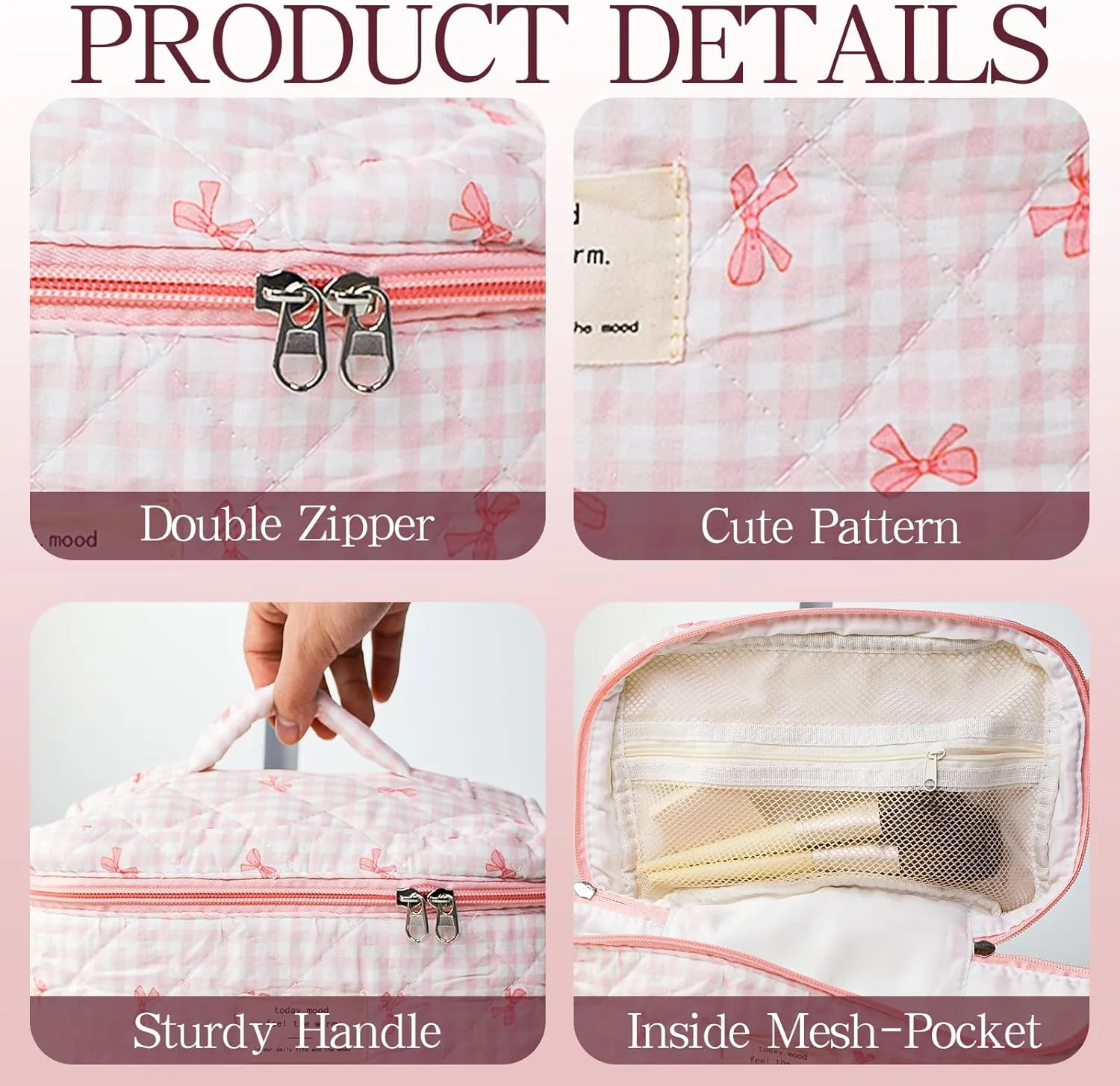Makeup Bag, 3 PCS Quilted Makeup Bag, Cute Floral Cotton Cosmetic Bag set, Coquette Makeup Pouch Large Travel Toiletry Bag