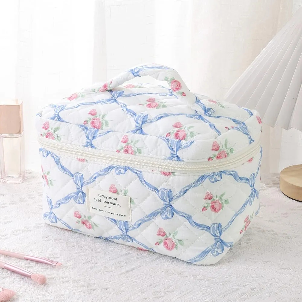 Makeup Bag, 3 PCS Quilted Makeup Bag, Cute Floral Cotton Cosmetic Bag set, Coquette Makeup Pouch Large Travel Toiletry Bag