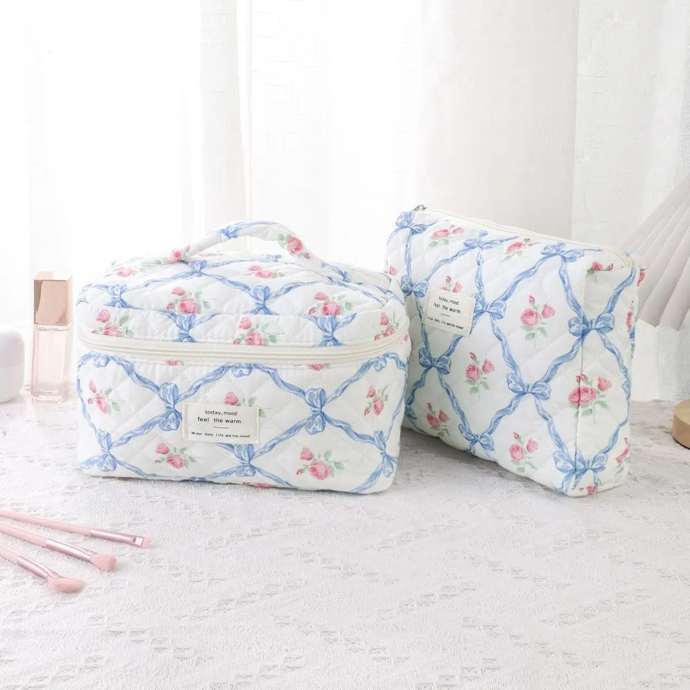 Makeup Bag, 3 PCS Quilted Makeup Bag, Cute Floral Cotton Cosmetic Bag set, Coquette Makeup Pouch Large Travel Toiletry Bag