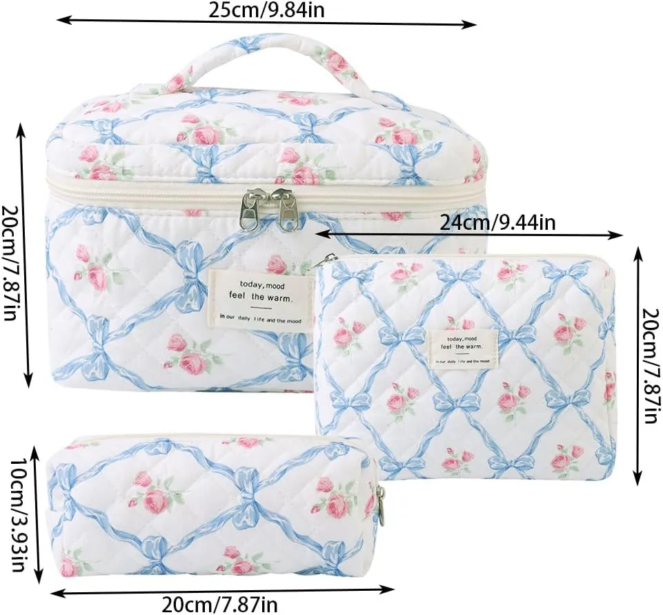 Makeup Bag, 3 PCS Quilted Makeup Bag, Cute Floral Cotton Cosmetic Bag set, Coquette Makeup Pouch Large Travel Toiletry Bag