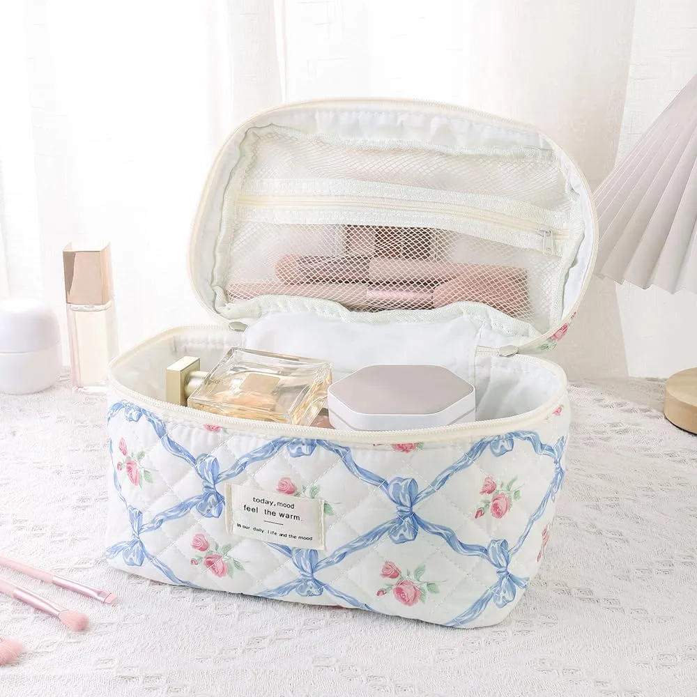 Makeup Bag, 3 PCS Quilted Makeup Bag, Cute Floral Cotton Cosmetic Bag set, Coquette Makeup Pouch Large Travel Toiletry Bag