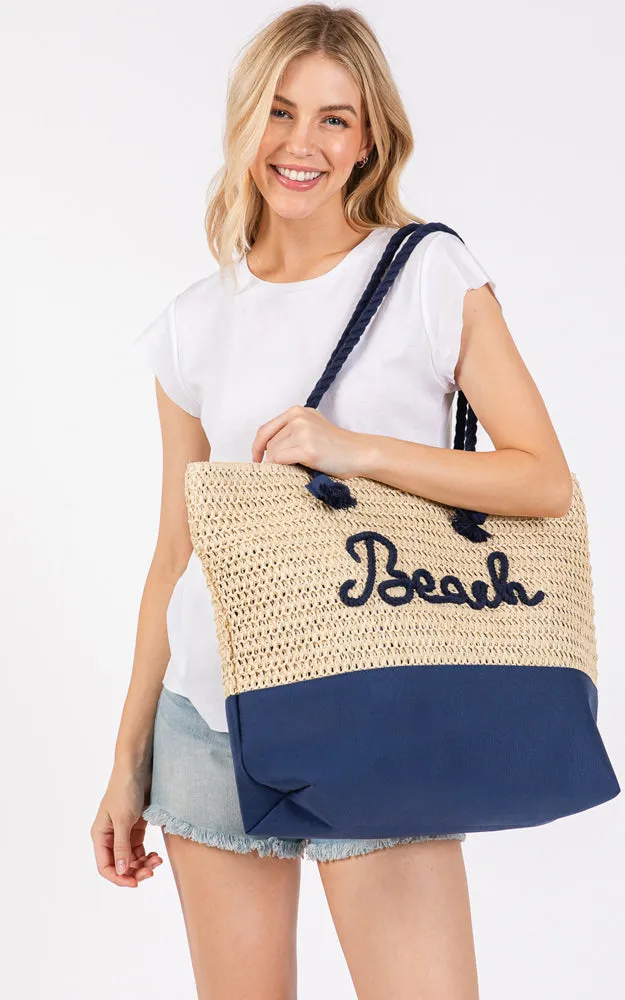 MB0266 COLOR SEWN ROPE BEACH LETTER & STRAP CROCHET TOTE BAG