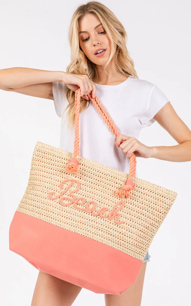 MB0266 COLOR SEWN ROPE BEACH LETTER & STRAP CROCHET TOTE BAG