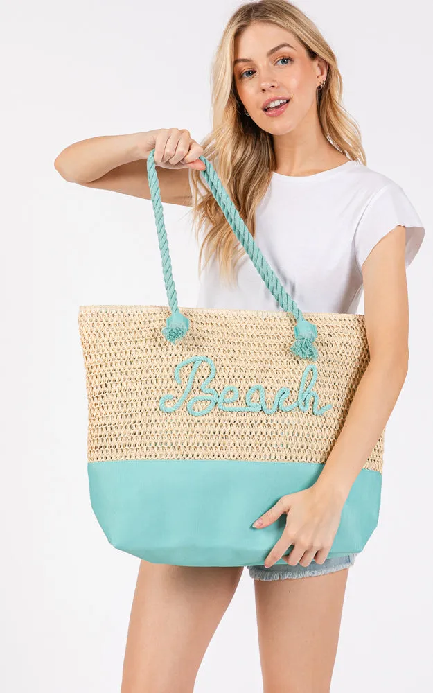 MB0266 COLOR SEWN ROPE BEACH LETTER & STRAP CROCHET TOTE BAG