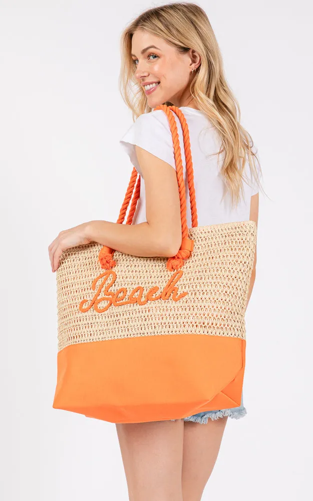 MB0266 COLOR SEWN ROPE BEACH LETTER & STRAP CROCHET TOTE BAG