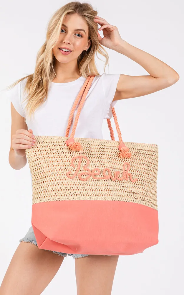 MB0266 COLOR SEWN ROPE BEACH LETTER & STRAP CROCHET TOTE BAG