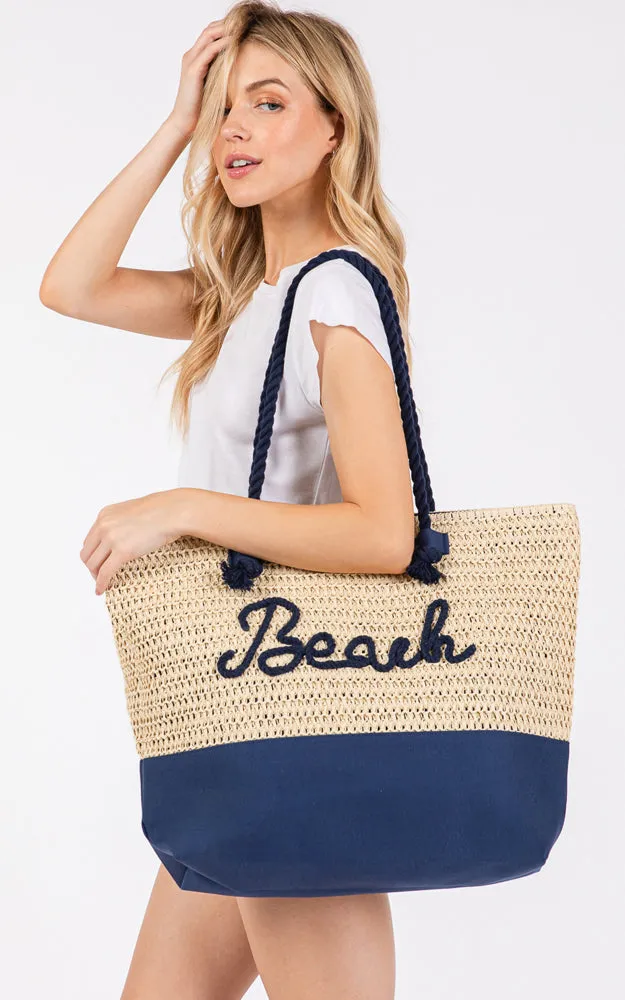 MB0266 COLOR SEWN ROPE BEACH LETTER & STRAP CROCHET TOTE BAG