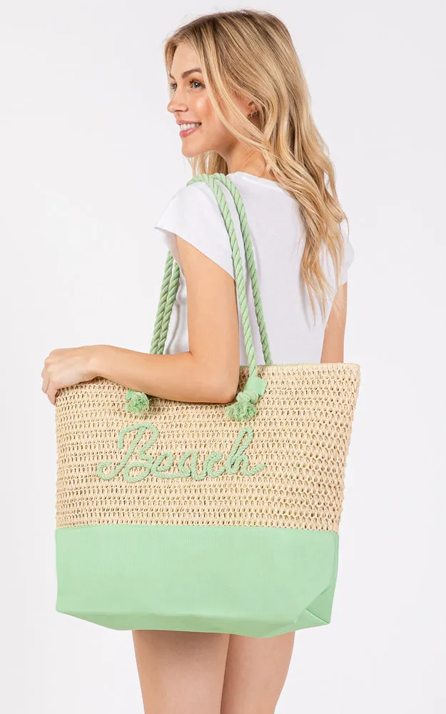 MB0266 COLOR SEWN ROPE BEACH LETTER & STRAP CROCHET TOTE BAG