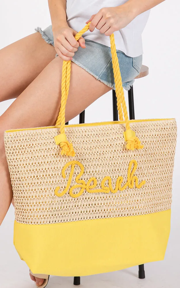 MB0266 COLOR SEWN ROPE BEACH LETTER & STRAP CROCHET TOTE BAG
