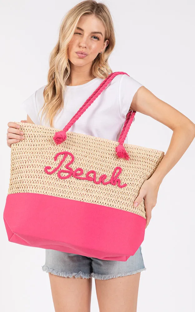 MB0266 COLOR SEWN ROPE BEACH LETTER & STRAP CROCHET TOTE BAG