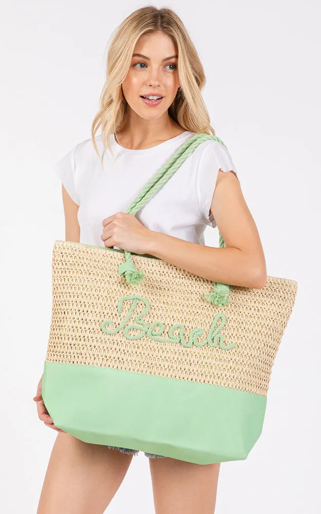 MB0266 COLOR SEWN ROPE BEACH LETTER & STRAP CROCHET TOTE BAG