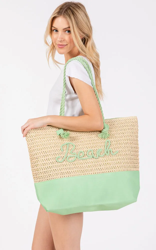 MB0266 COLOR SEWN ROPE BEACH LETTER & STRAP CROCHET TOTE BAG