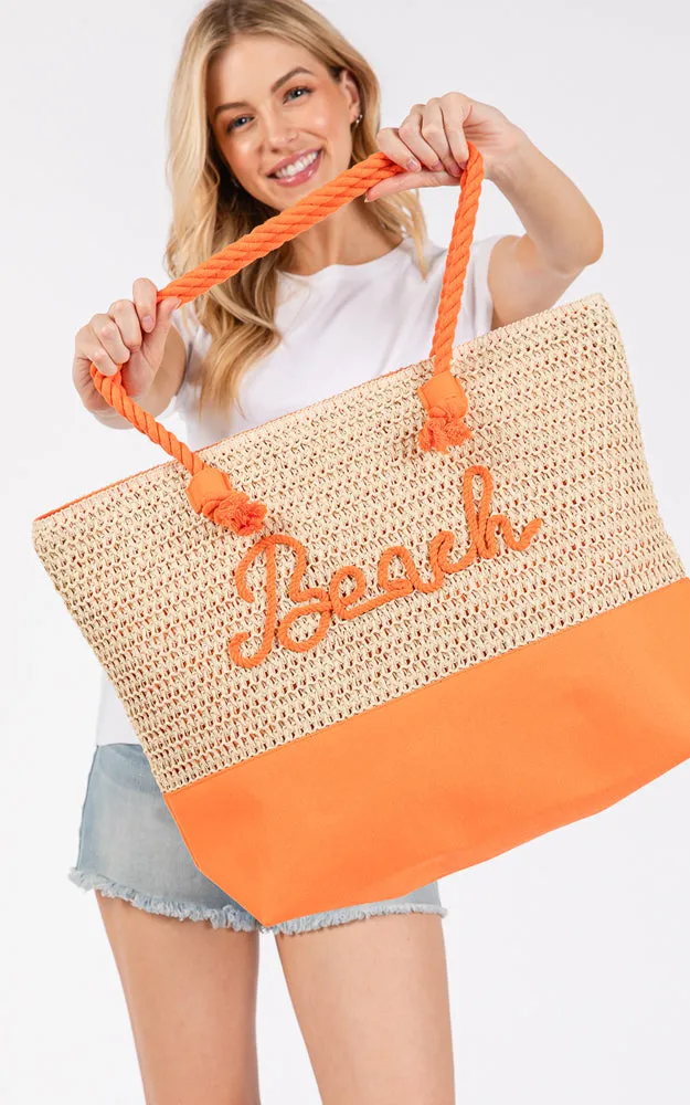 MB0266 COLOR SEWN ROPE BEACH LETTER & STRAP CROCHET TOTE BAG