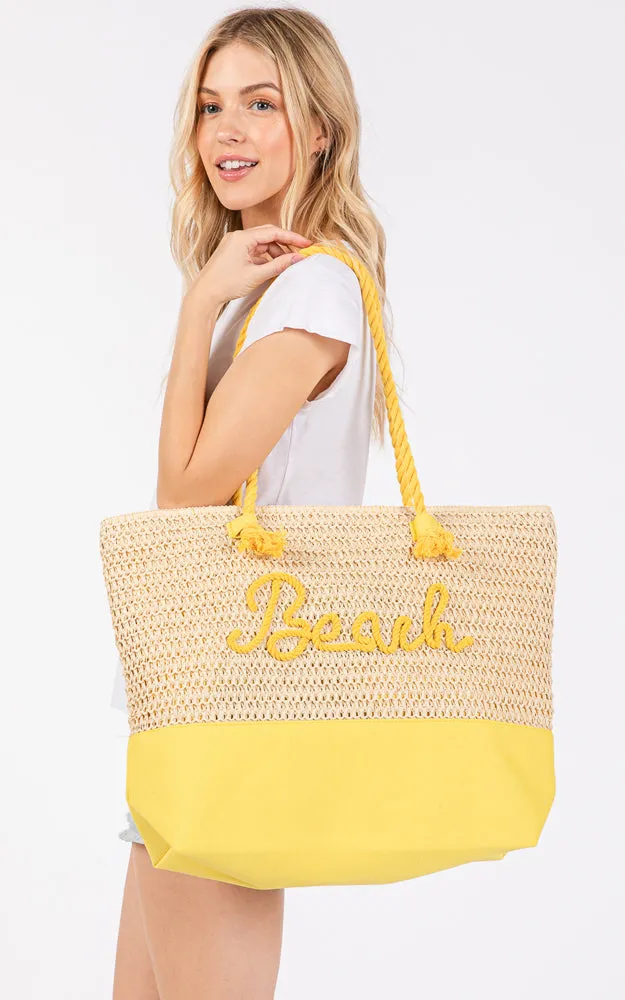 MB0266 COLOR SEWN ROPE BEACH LETTER & STRAP CROCHET TOTE BAG