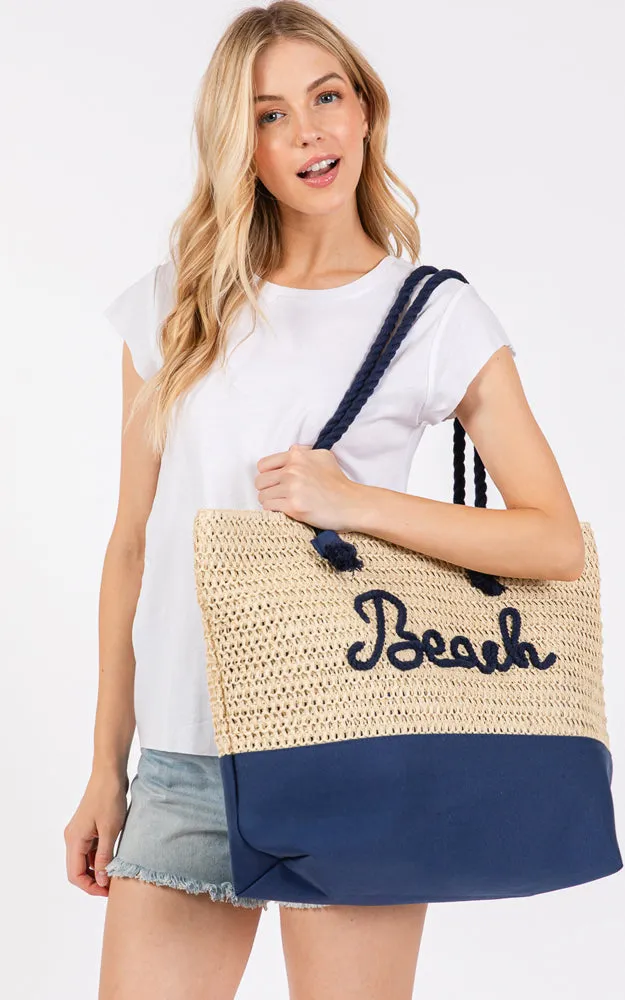 MB0266 COLOR SEWN ROPE BEACH LETTER & STRAP CROCHET TOTE BAG