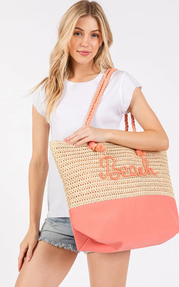 MB0266 COLOR SEWN ROPE BEACH LETTER & STRAP CROCHET TOTE BAG