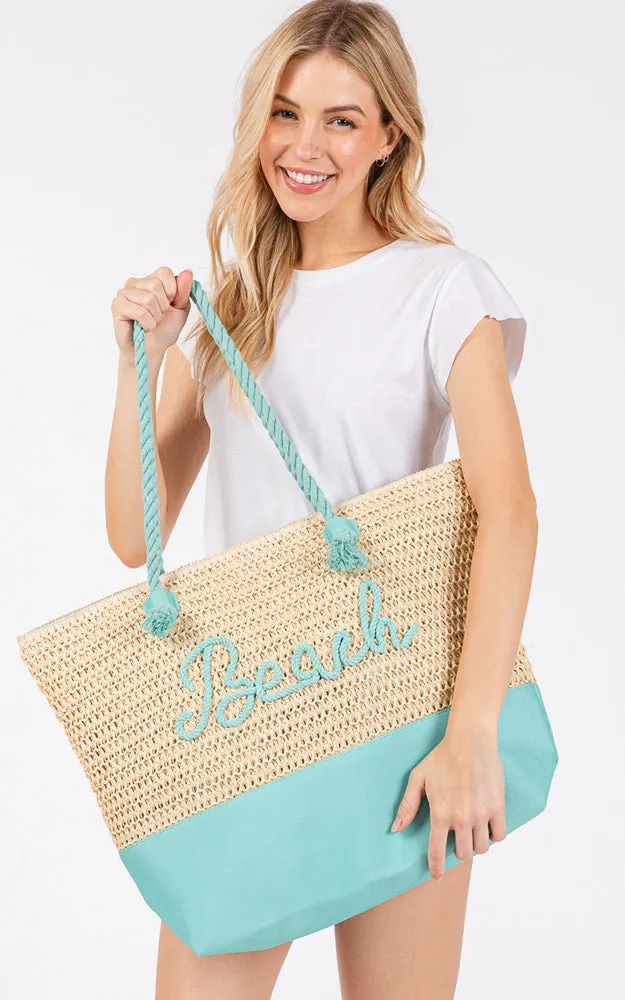MB0266 COLOR SEWN ROPE BEACH LETTER & STRAP CROCHET TOTE BAG