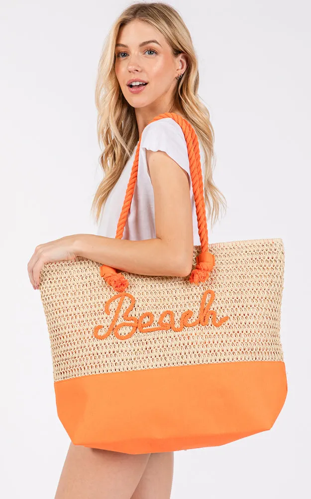 MB0266 COLOR SEWN ROPE BEACH LETTER & STRAP CROCHET TOTE BAG