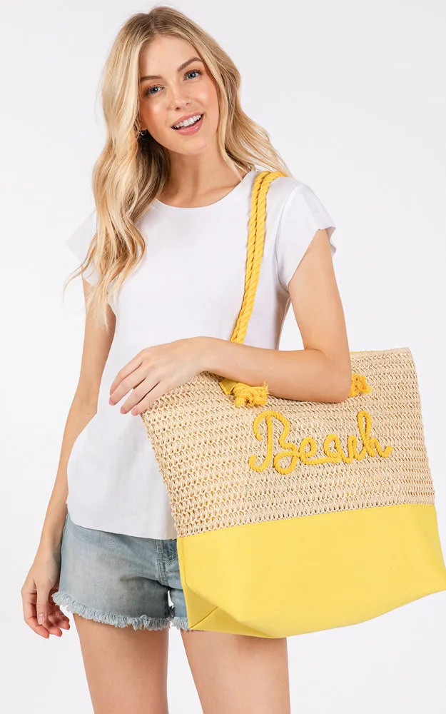 MB0266 COLOR SEWN ROPE BEACH LETTER & STRAP CROCHET TOTE BAG