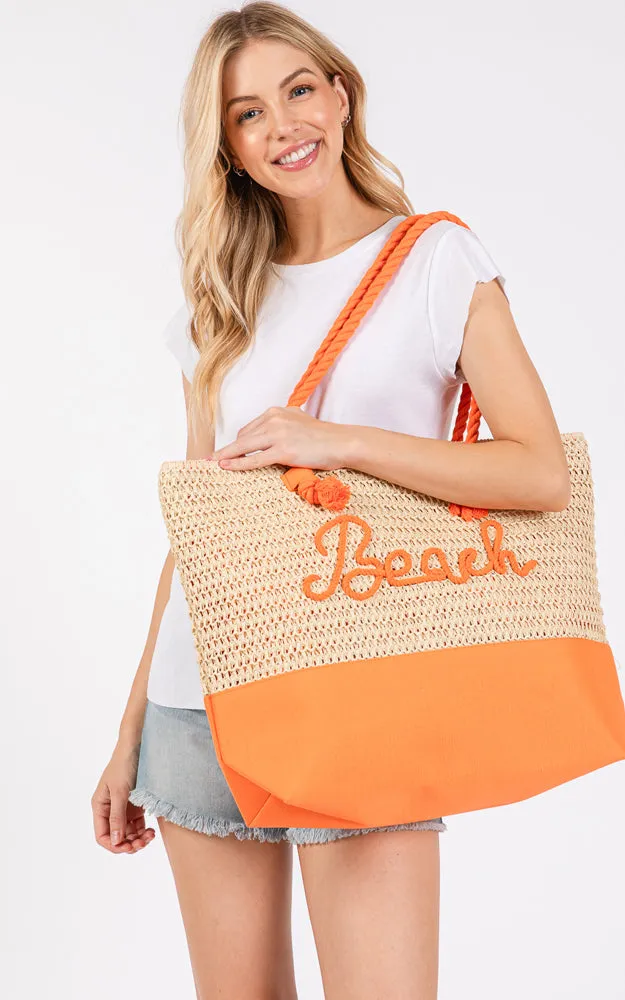 MB0266 COLOR SEWN ROPE BEACH LETTER & STRAP CROCHET TOTE BAG