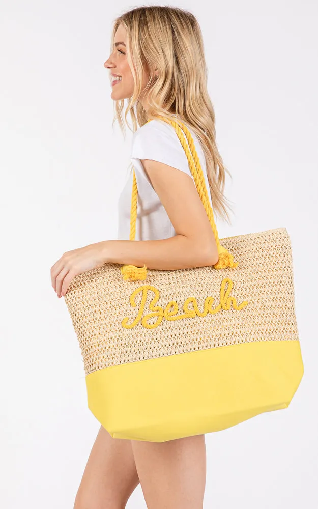 MB0266 COLOR SEWN ROPE BEACH LETTER & STRAP CROCHET TOTE BAG