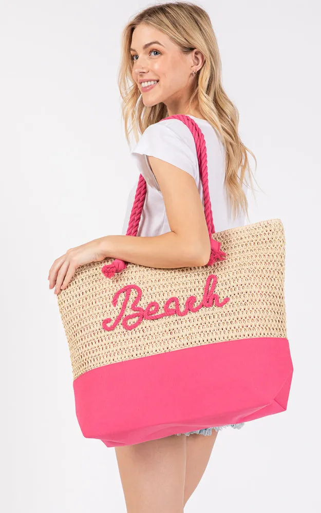 MB0266 COLOR SEWN ROPE BEACH LETTER & STRAP CROCHET TOTE BAG