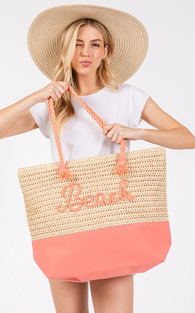 MB0266 COLOR SEWN ROPE BEACH LETTER & STRAP CROCHET TOTE BAG