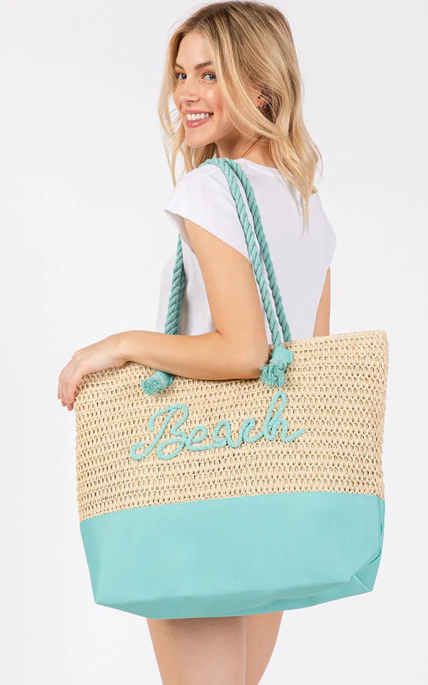 MB0266 COLOR SEWN ROPE BEACH LETTER & STRAP CROCHET TOTE BAG