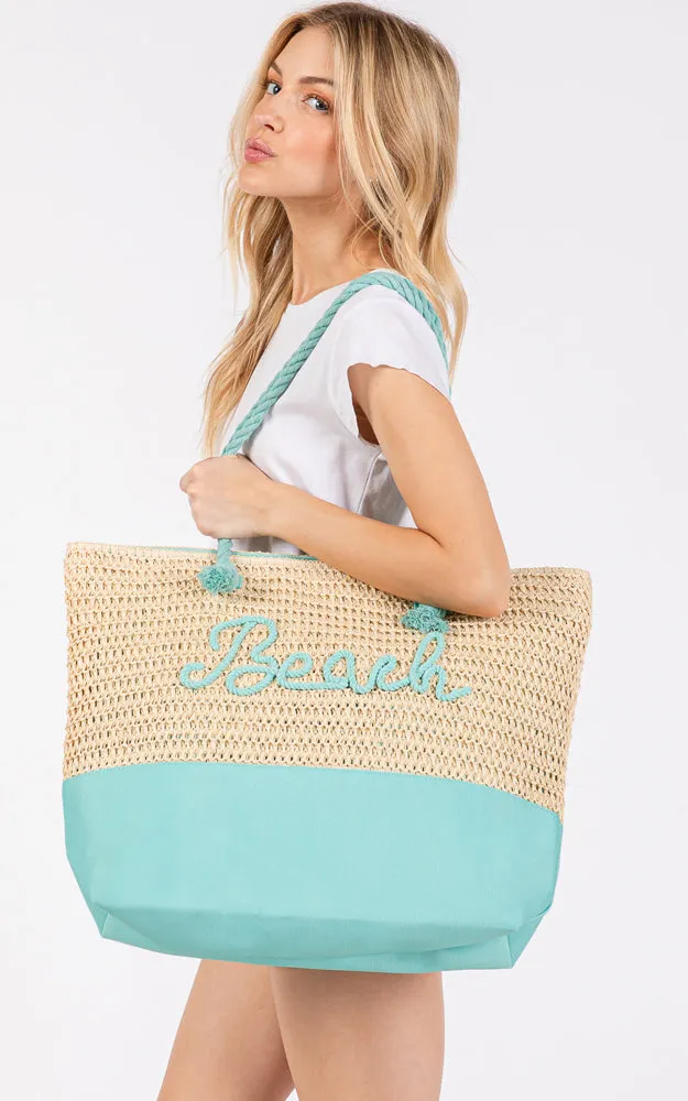 MB0266 COLOR SEWN ROPE BEACH LETTER & STRAP CROCHET TOTE BAG