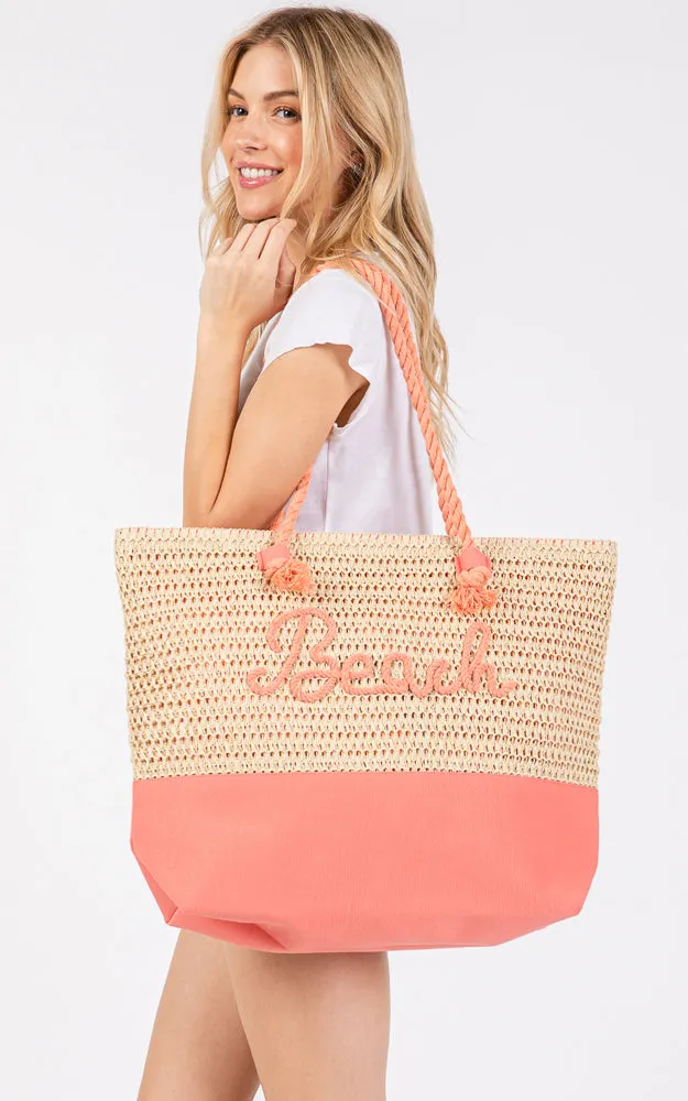 MB0266 COLOR SEWN ROPE BEACH LETTER & STRAP CROCHET TOTE BAG