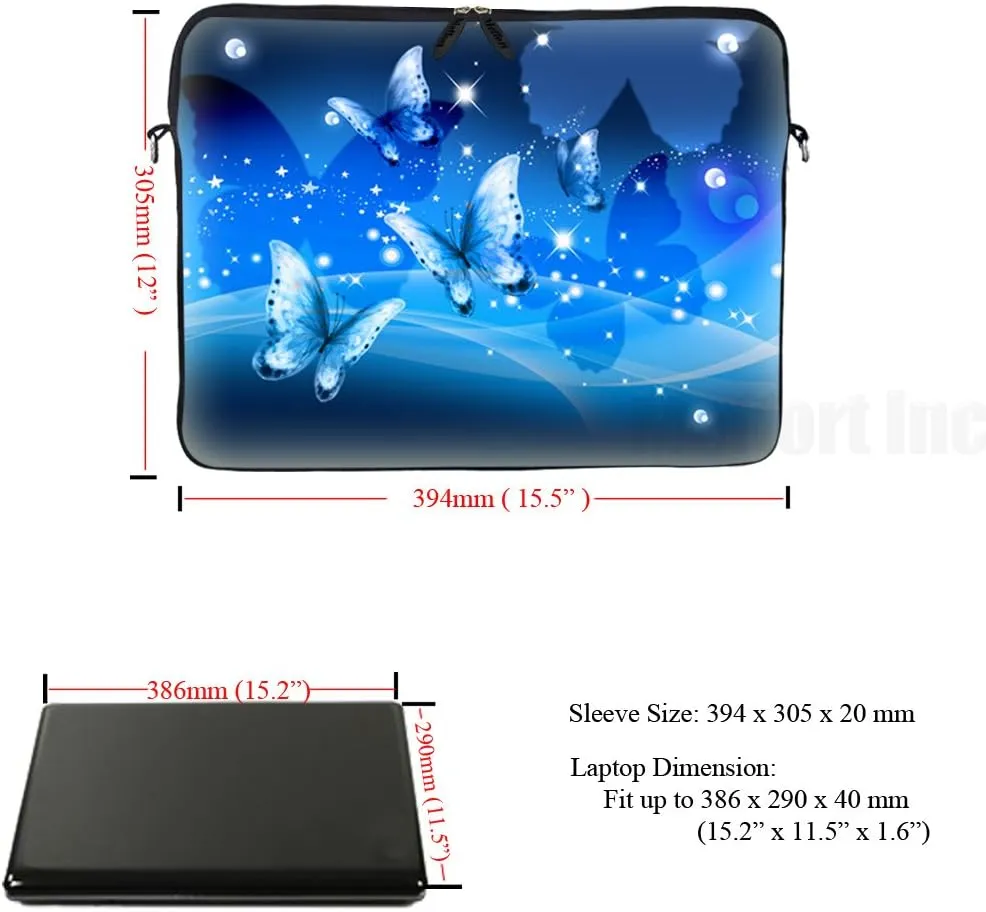 Meffort Inc 15 15.6 inch Neoprene Laptop Sleeve Bag Carrying Case with Hidden Handle and Adjustable Shoulder Strap - Blue Butterfly Design